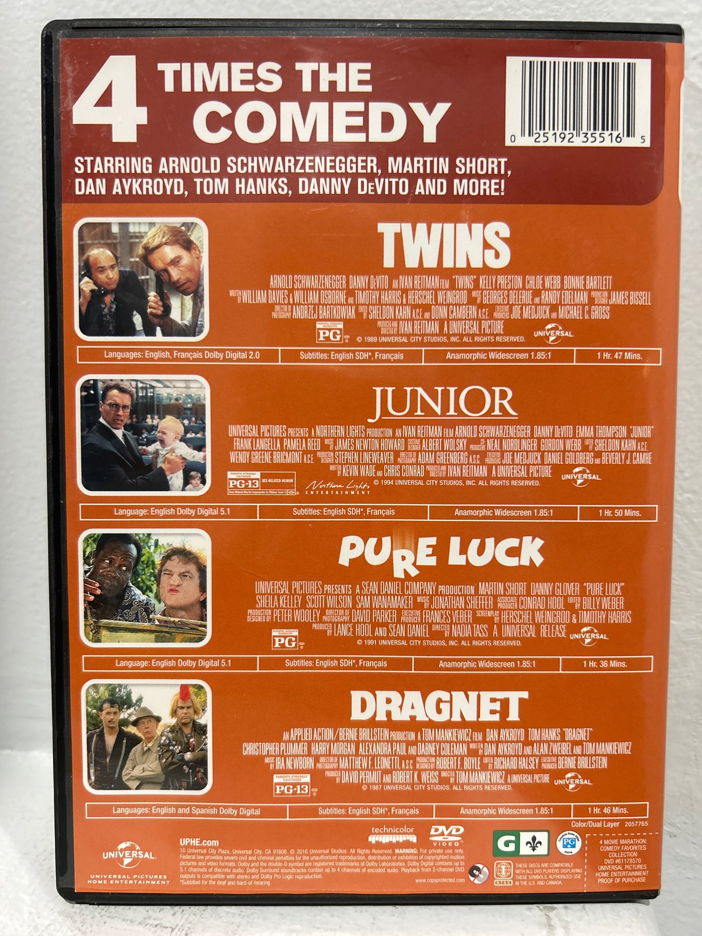 Twins (1988)&Junior (1994)&Pure Luck (1991)&Dragnet (1987)